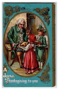 1910 Thanksgiving Postcard Pilgrim Family Turkey Dinner Embossed Gold Decor